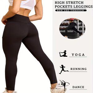Women's Stretchy High Waist Tummy Control Yoga Leggings w/Pockets Black S & M